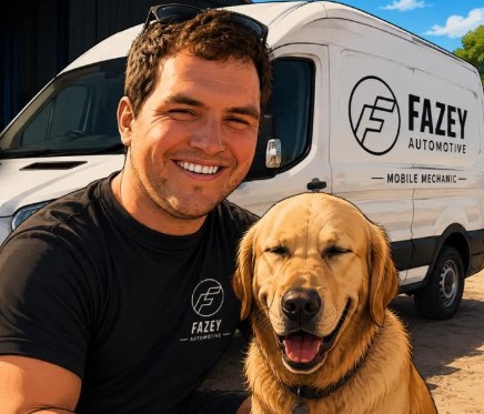 Cameron and his dog beside the Fazey Automotive mobile mechanic van